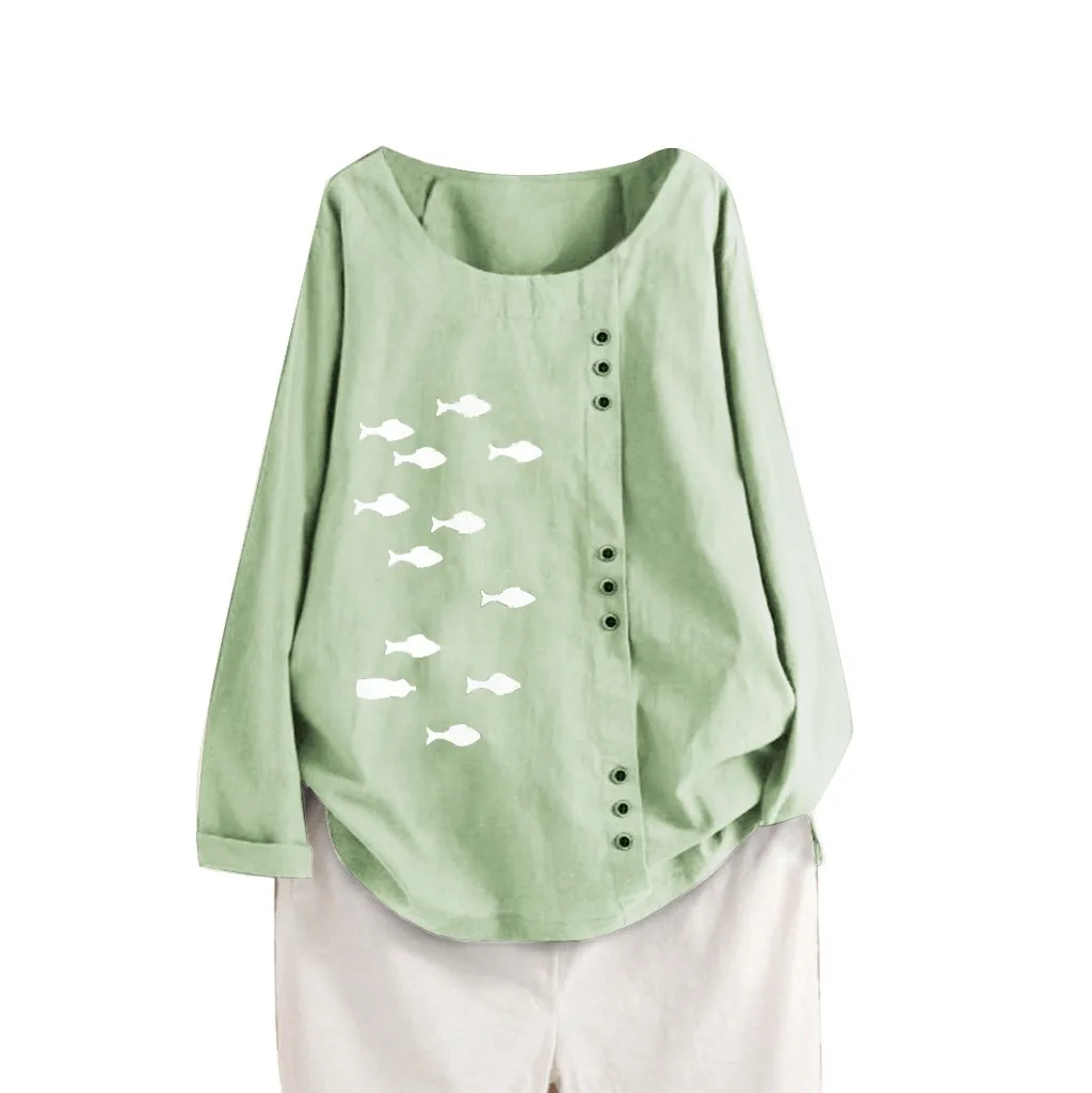 Женский хлопковый льняной кафтан с длинным рукавом мешковатая рубашка принтом