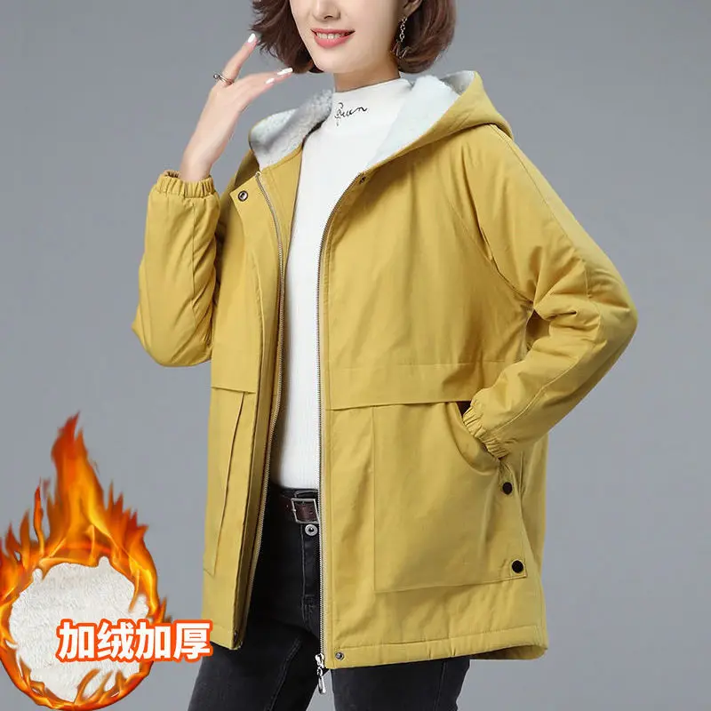 

Women Winter Jacket 2020 New Plus Velvet Warm Corduroy Parkas Loose Hooded Mid-length Cotton Padded Autumn Coat Female Tops Y641