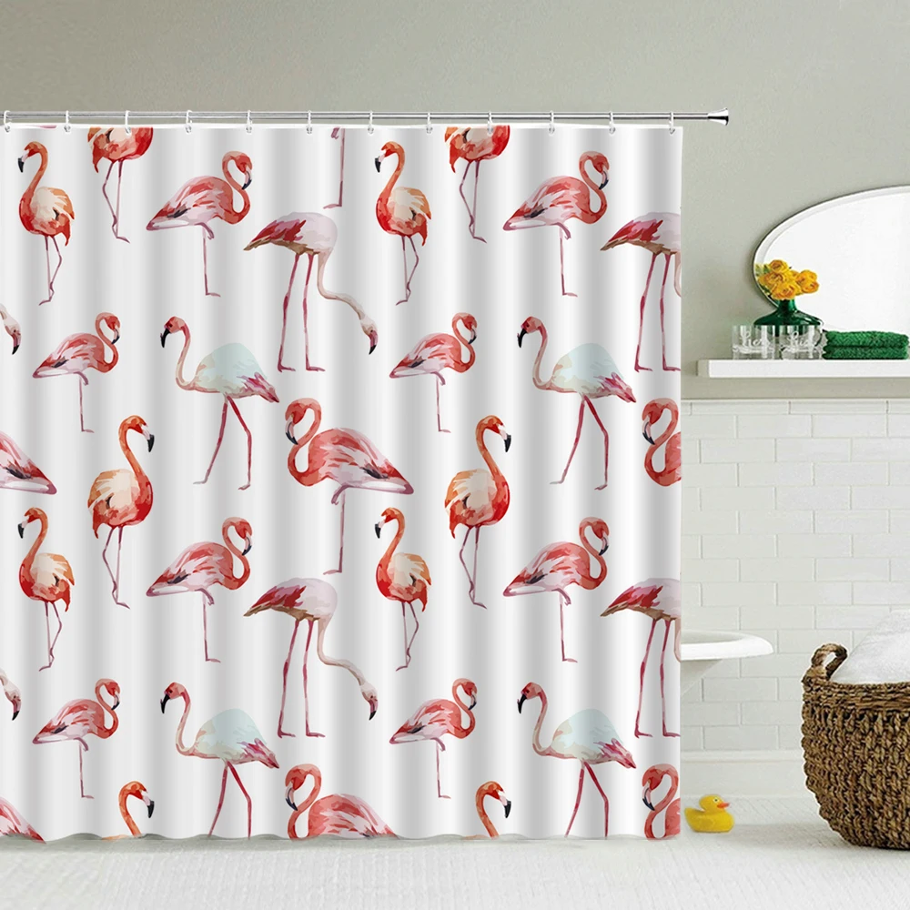 

Занавески в ванную комнату с фламинго, водонепроницаемые шторы для душа из полиэстера с зелеными листьями и цветами, нордическое украшение ...