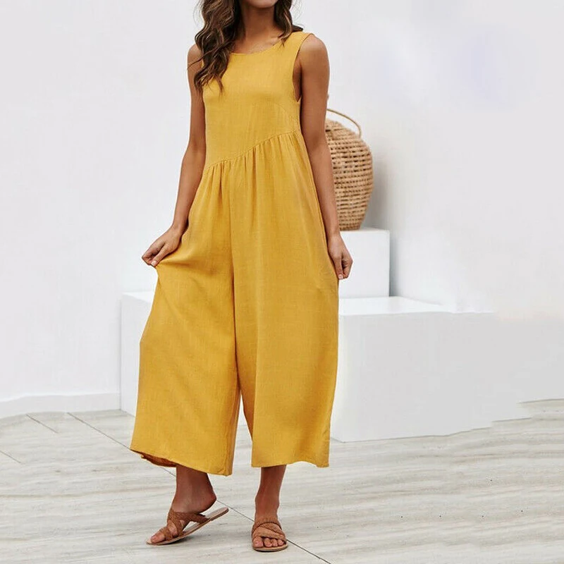 Повседневный свободный женский комбинезон с открытой спиной Желтый винтажный