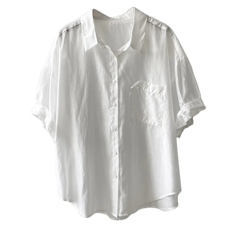 

ZHISILAO Solid Thin Tencel Blouse Women Elegant Office White Short Sleeve Shirt Vintage Plus Size Summer Solid Blousa 2021