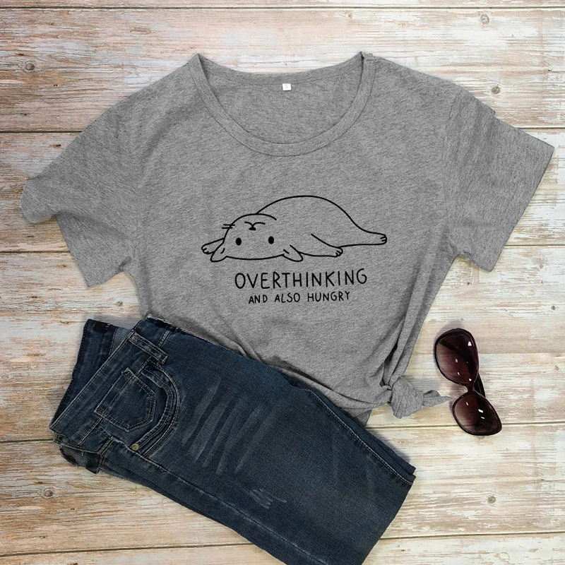 dark gray-black text Overthinking и также голод принт с милой кошкой Футболка женская Tumblr с графикой для хипстеров повседневные футболки топы летние Harajuku Забавные футболки - Цвет: dark gray-black text