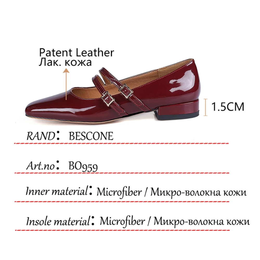 

BESCONE Casual Flat Shoes Mary Janes Patent Leather Square Toe Buckle Solid Women's Shoes Fashion Commute Profession Flats BO959