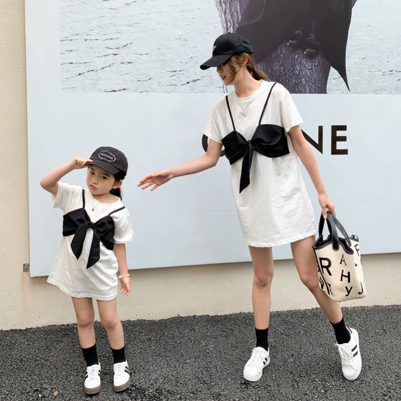 

Summer Mother and daughter fashion bowknot long style T shirts Korean style family matching cotton patchwork Tee dress
