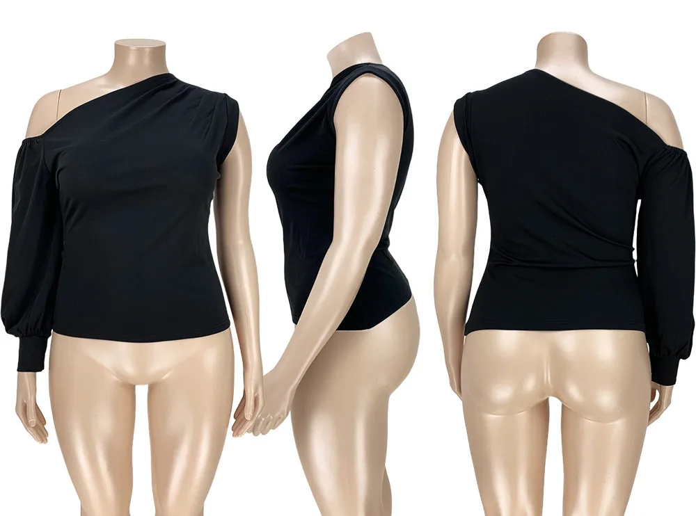 

Fashion Plus Size Women's Solid Color Oblique Shoulder One Shoulder Sleeve Asymmetrical Top Vintage Large Size Woman Tshirts