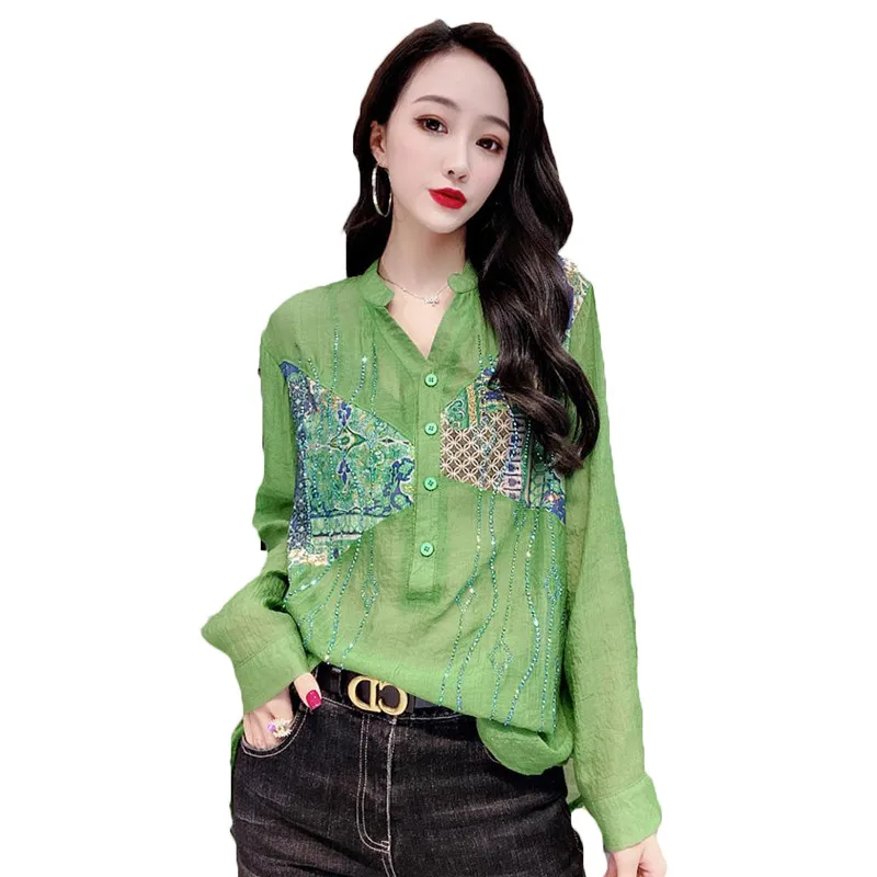 

2021 Spring Summer New Temperament V-neck Blouse Women's Long-sleeved Retro Printed Shirt Elegant Tops F438