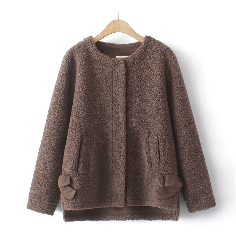 

Plus Size Woolen Coat For Women In Winter 4XL Collarless Long Sleeve Blended Woolen Fabric Cute Jacket With Bow Large Size Coat