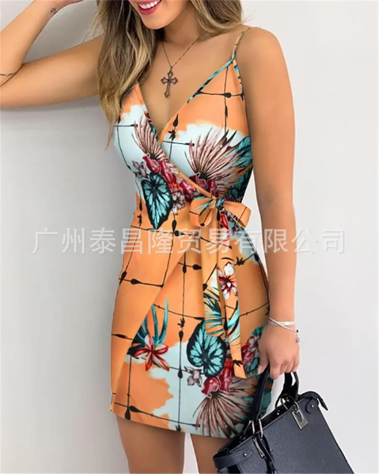 

Sexy suspender V-neck printed BELT DRESS