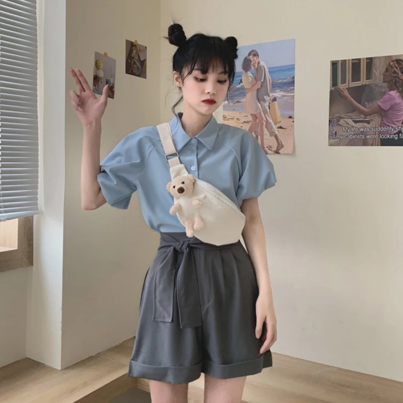 

Summer Korean Style 2021 New Design Sense French Minority Puff Sleeve Loose Western Style Short Sleeve Shirt Top Women's
