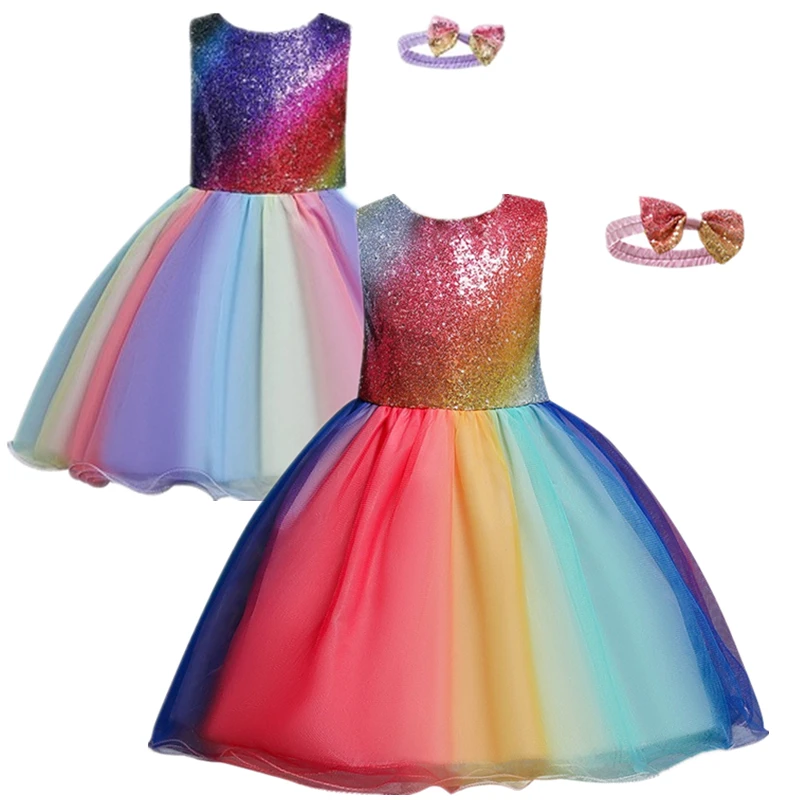 

Girls Unicorn Baby princess Dress Coaplay Rainbow Sequin fluffy Mesh Gauze Dress 1-6 years Children's Dress+Exquisite Hairband