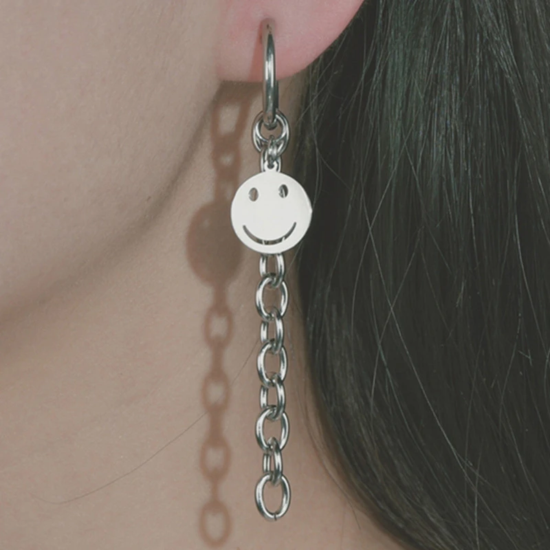 

Luxury Designs Smiley Hoop Earrings For Women Delicate Silver Color Stainless Steel Tasssel Eardrop New Jewelry Wholesale Bulk