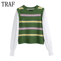 traf zar patchwork green sweater women winter 2022 cropped knitted sweater woman preppy fashion long sleeve cable knit top