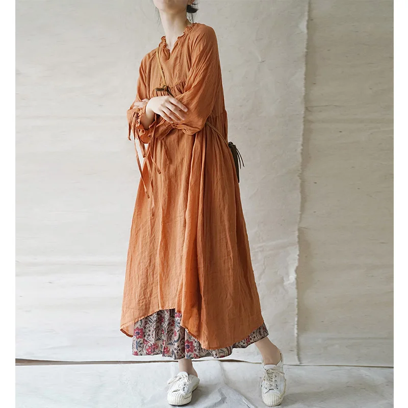 Женское винтажное платье на завязках SCUWLINEN однотонное Свободное длинное из льна