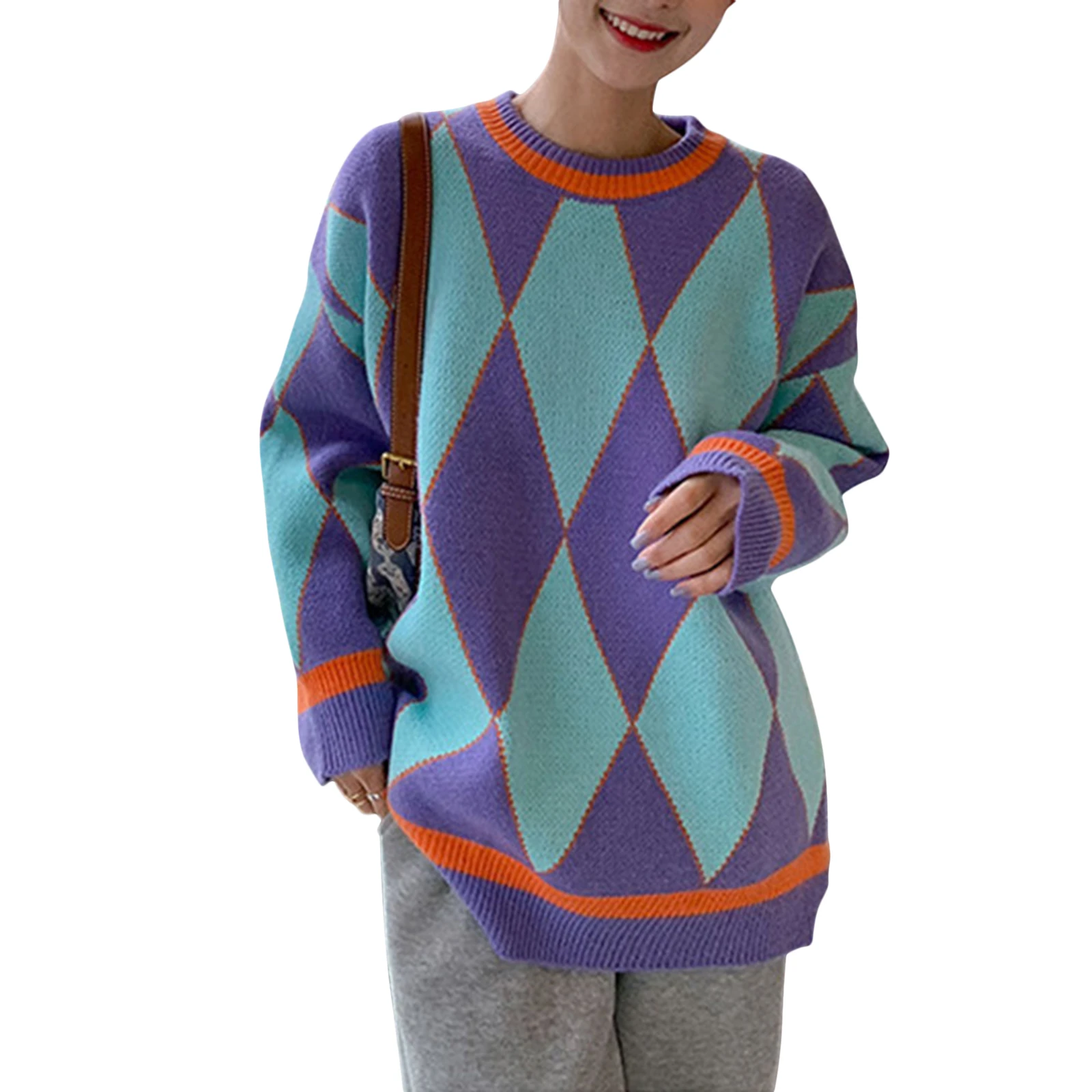 

Women Shirt Sweater, Geometry Pattern Long Sleeve Round Neck Loose Casual Knitting Pullover