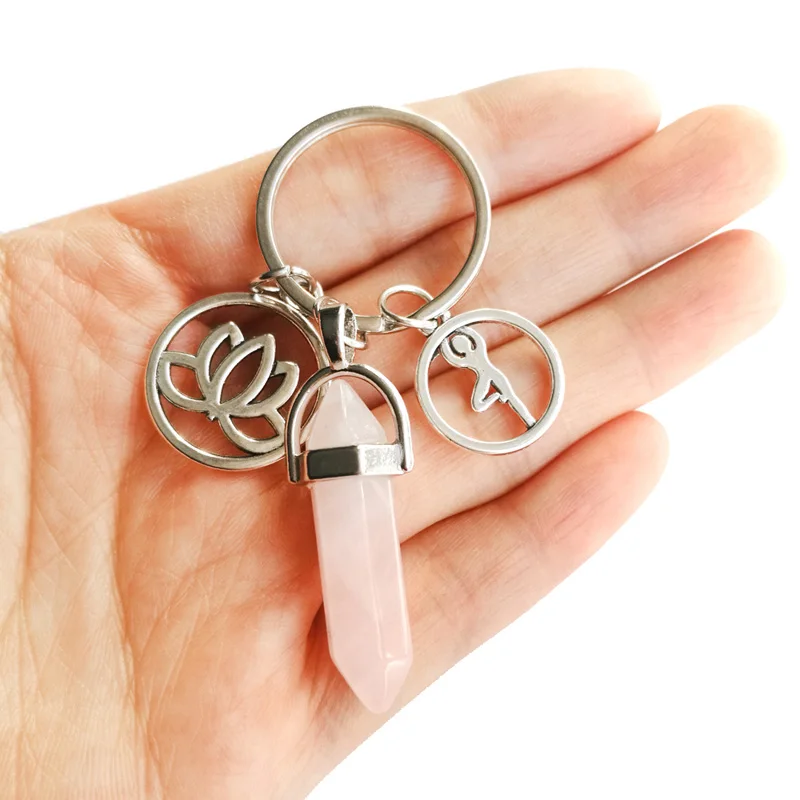 Цепочка для ключей с натуральным розовым кварцем каменный брелок женщин лотос