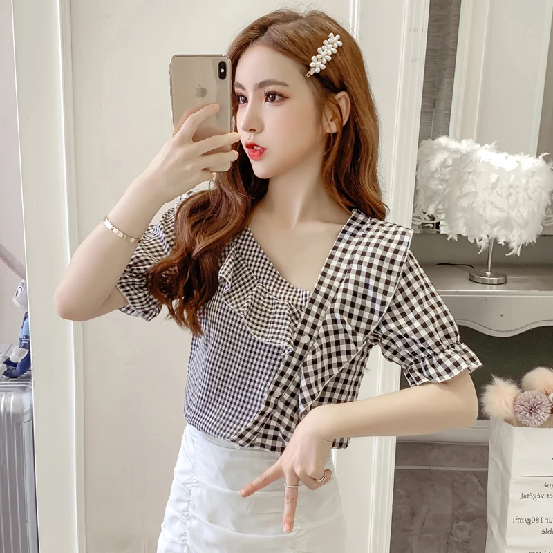 COIGARSAM Блузка с оборками женская новая летняя Клетчатая Свободная блуза