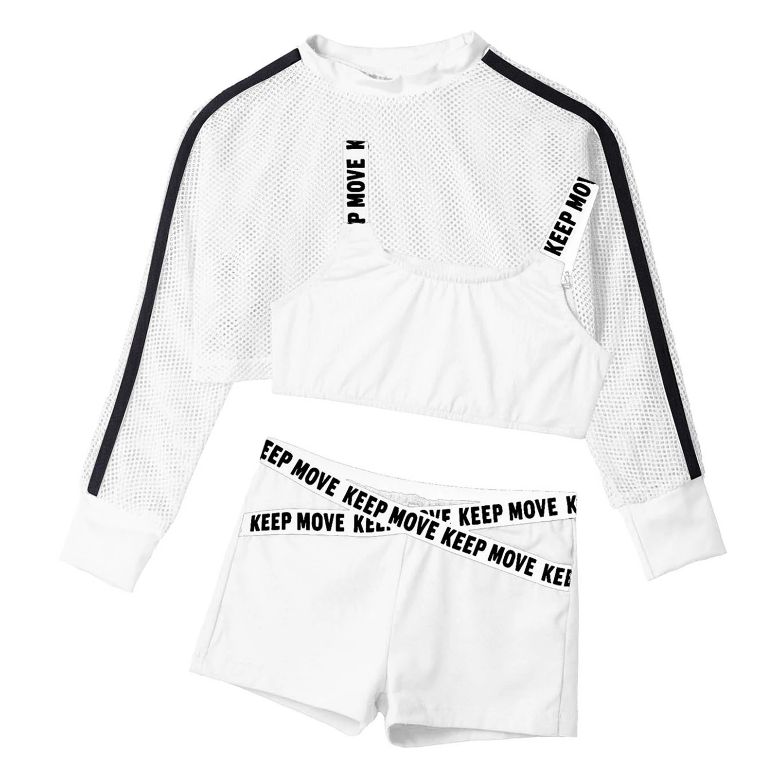 Kids Girls Sport Suit 3Pcs Hip Hop Jazz Dance Costumes Tracksuit Outfits Bra Vest Crop Top With Net Cover Up Tops And Shorts Set