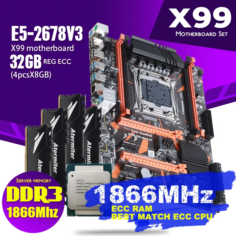 Комплект материнской платы Atermiter X99 D3 DDR3 с Xeon E5 2678 V3 LGA2011 3 CPU 4 шт. X 8 ГБ = 32 Гб 1866 МГц PC3