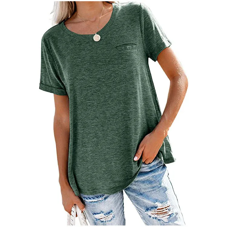 

Women T-Shirts Tops Round Neck Pockets Solid Color Loose Short-Sleeved T-Shirts