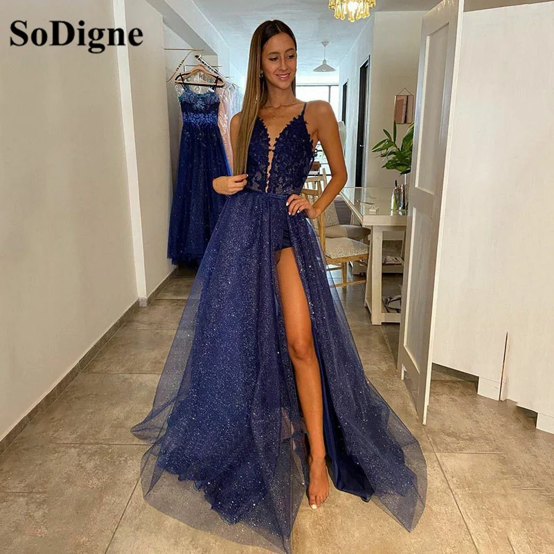 SoDigne-vestido de noche azul marino con tirantes finos para mujer, vestido Formal brillante con abertura lateral, de encaje, para fiesta de graduación