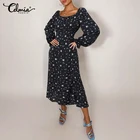 Платье Celmia женское средней длины с квадратным вырезом, пикантный вечерний сарафан с цветочным принтом и разрезом, повседневная одежда с длинным рукавом и высокой талией, в богемном стиле, 2021