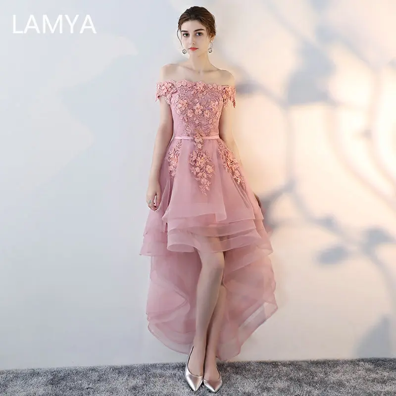 Вечерние платья с кружевной аппликацией LAMYA, элегантное платье с вырезом лодочкой для банкета, торжественной вечеринки, с коротким спереди ...