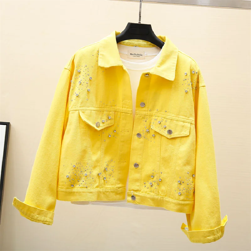 

Spring Autumn Heavy Industry Hot Drilling Denim Jacket Woman 2021 Korean Fashion Loose All-Match Long-Sleeved Jeans Coat Female