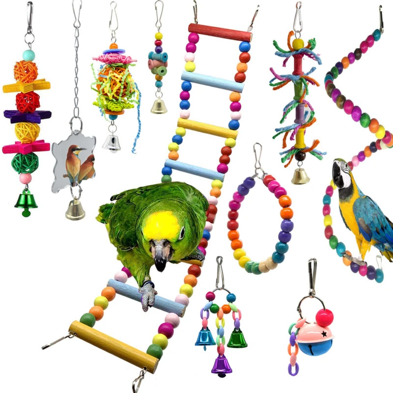 

Bird Parrot Toys Set Hanging Cage Swing Chewing Training Hammock Bells Perch Toy With Beads Pet Amusement Park 15 Combinations