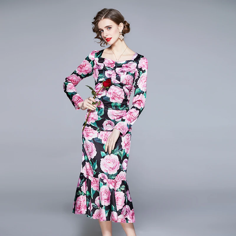 

2021 New Women Dresses Printing Ankle-Length Square Collar Sheath Women Dresses Office Lady Vintage Elegant Women Autumn Dresses