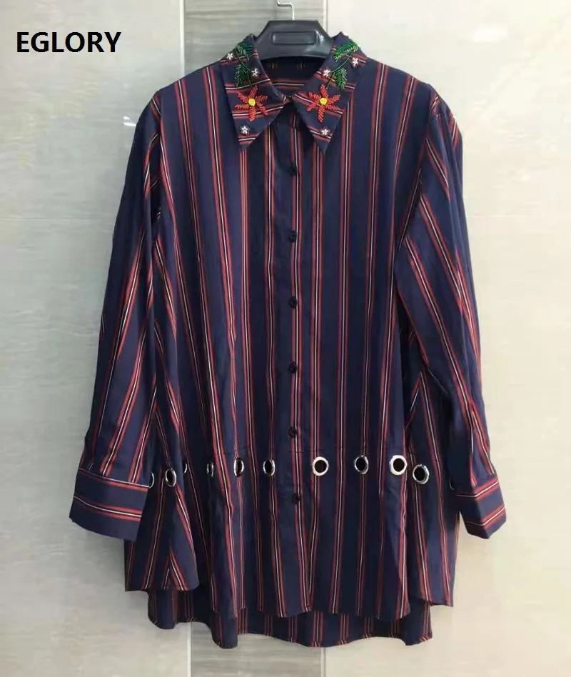 

2021 Spring Summer Fashion Long Shirt High Quality Women Beading Turn-down Collar Long Sleeve Casual Loose Striped Blouse Ladies