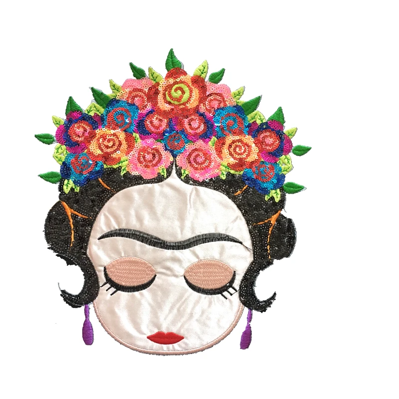 DZ New Arrival Frieda Artist Girl Sequined Iron on Patches for Clothes Floral Women Sequin Patches and Appliques DIY Decal