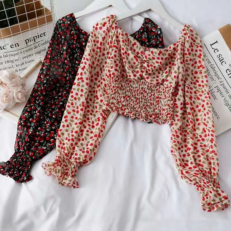 

2020 Women Sexy Chiffon Shirts Summer Square Collar Off Shoulder Print Shirt Female Holiday Beach Slim Pleated Women Blouse New