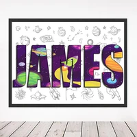 personalised space name word art poster cartoon colorful galaxy name custom canvas painting kids room wall art home decoration