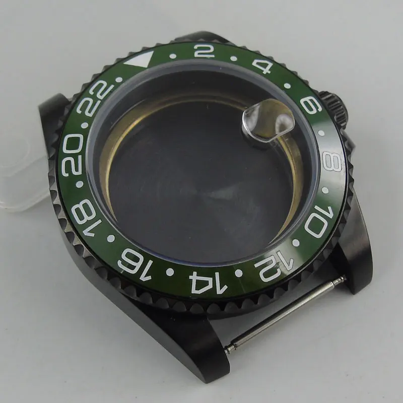 40mm New Watch Case fit for NH35 NH35A Movement Black PVD Plated Sapphire Glass Green Bezel