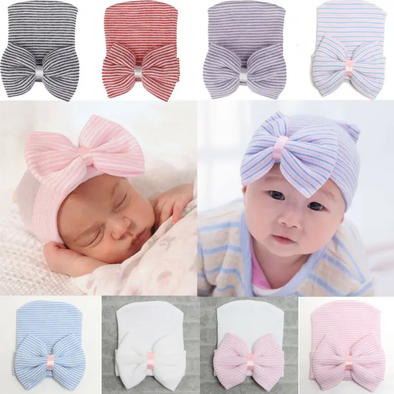 Newborn Baby Girl Toddler Stripe Hospital Cap Infant Comfy Bowknot Beanie Hat /BY | Детская одежда и обувь