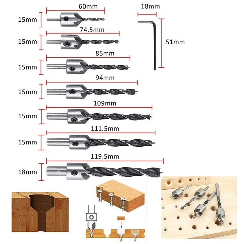 Woodworking Chamfer Countersink Drill Bit Set 90 Degree /Three Pointed Bits Wood Plug Cutter and Automatic center punch | Инструменты