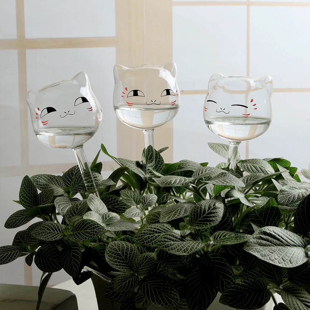 

3Pcs Glass Plant Flowers Water Feeder Automatic Self Watering Devices Cute Cat Design Plant Waterer Watering Can For Flowers