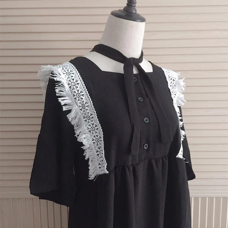 Жуткое Черное женское платье кружевное с o-образным вырезом милое готическое летнее платье с коротким рукавом
