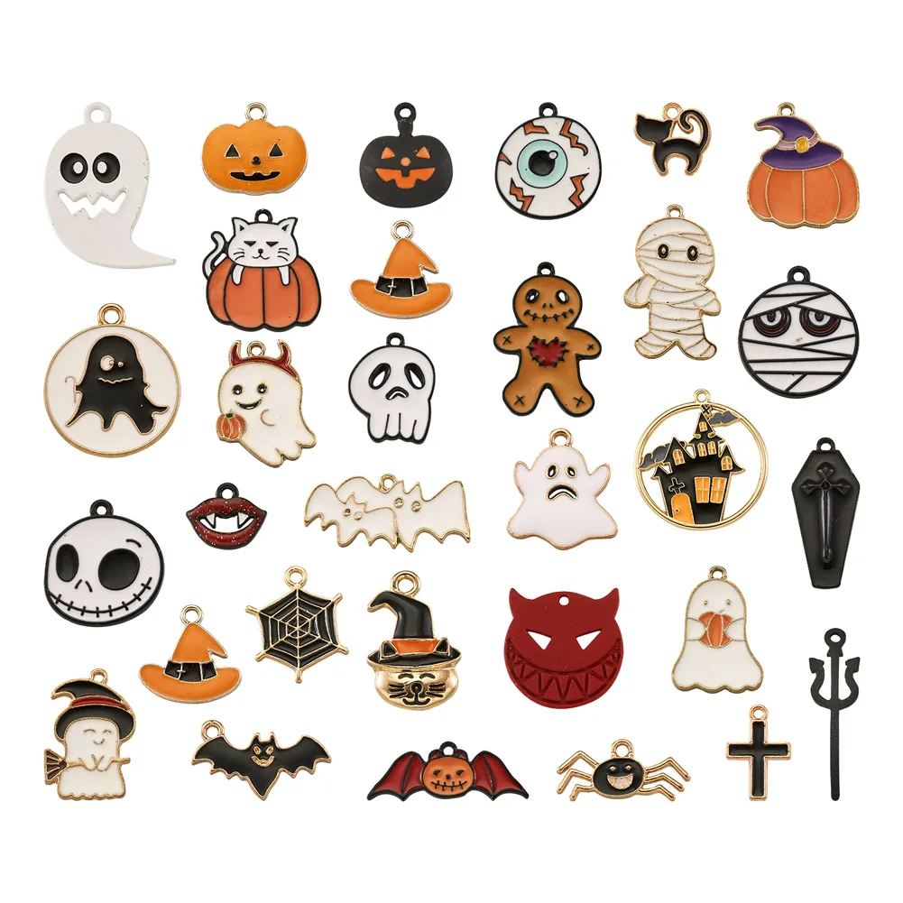 

60Pcs Mixed Halloween Styles Enamel Pendants Ghost Pumpkin Coffin Cross Charms For Bracelet Earring Necklace DIY Jewelry Making
