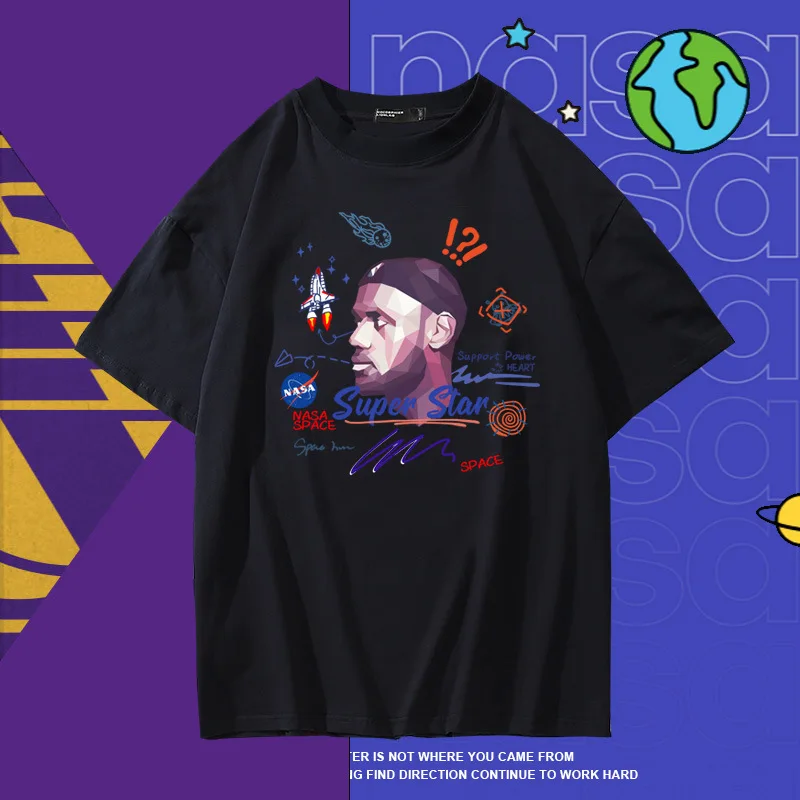 

Cartoon NBA astronaut James short-sleeved casual T-shirt men and women loose couples cotton tide brand basketball student clothe