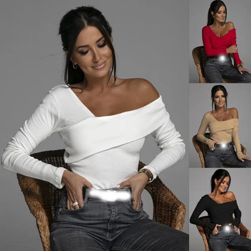 

2021 Autumn And Winter European And American New Fashion Women's Design Sexy Off Shoulder Long Sleeve Solid Color T-Shirt