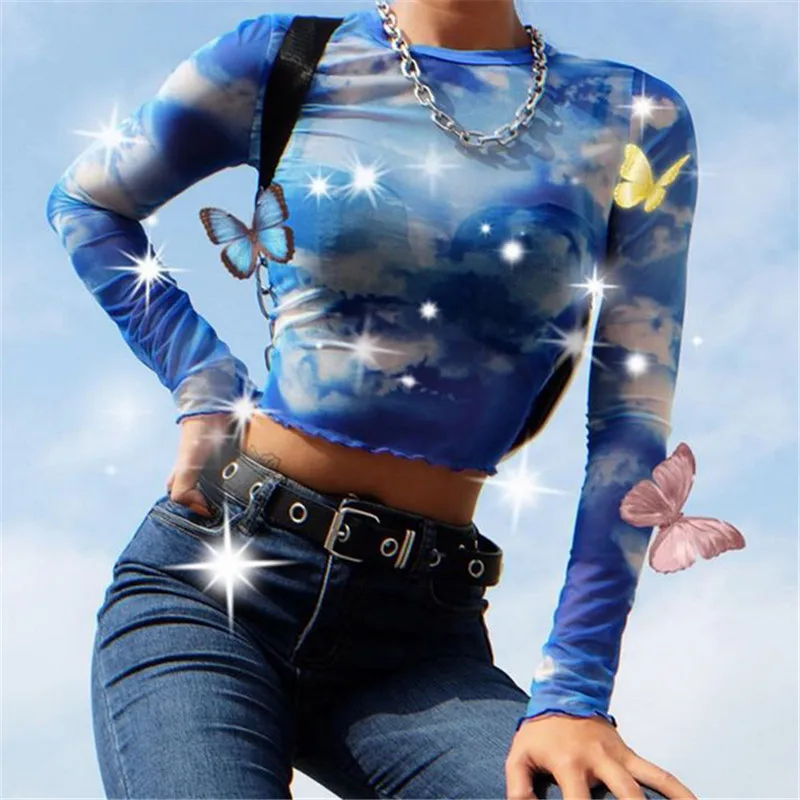 

Sexy Women's See-through Lace Mesh Sheer Long Sleeve Crop Top T-Shirt Tee