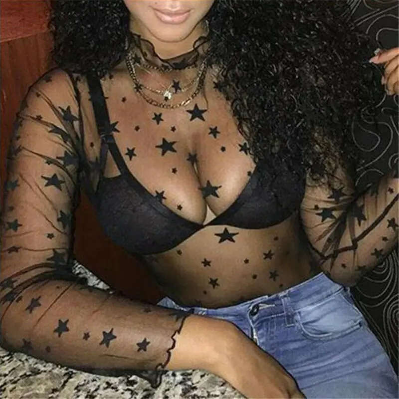 Женские сексуальные топы со звездами прозрачные сетчатые Прозрачные с длинным