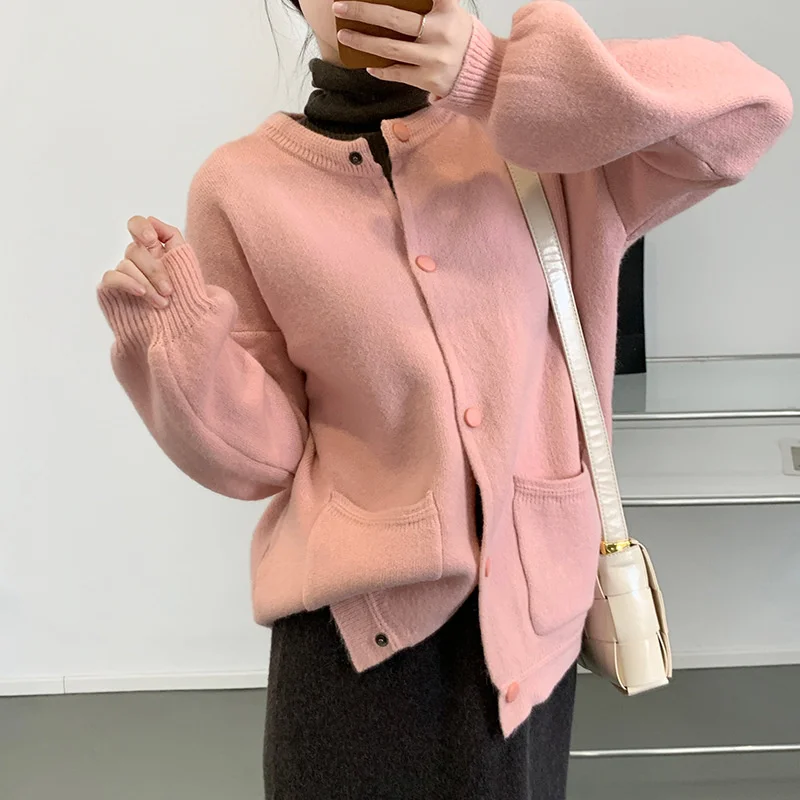

Solid Pocket Front Button Up Women Knitted Cardigan Pink / Gray / White / Orange / Black