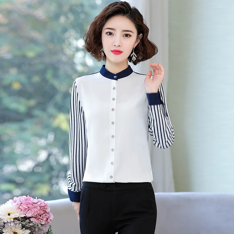 

Small Collar Shirt Female Long Sleeve 2020 Spring New Style Design Top Panel Chiffon Shirt Business Base Shirt