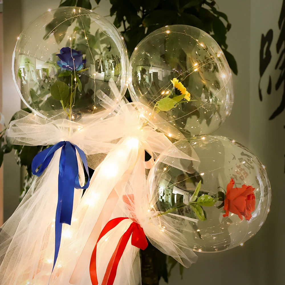 

LED Luminous Balloon Rose Sunflower Bouquet Transparent Bobo Ball Valentines Gift For Birthday Party Wedding Decor With Inflator