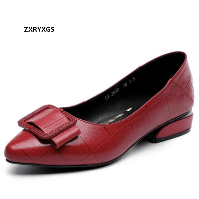 

ZXRYXGS 2023 Exquisite Bowknot Pointed Genuine Leather Shoes Woman New Shallow Low Heel Shoe Fashion Work Banquet Wedding Shoes