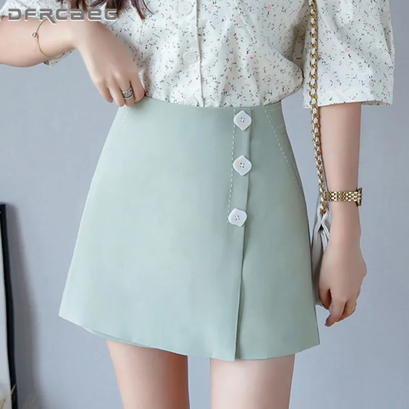 

2021 Summer Women's Chiffon Shorts Skirts With Button Korean Work Office Casual Wode Leg Short Skirt Female White