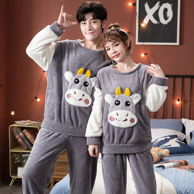 

Couple Thick Warm Flannel Pajama Sets For Men Winter Long Sleeve Cute Cartoon Coral Velvet Sleepwear Suit Women Homewear Clothes