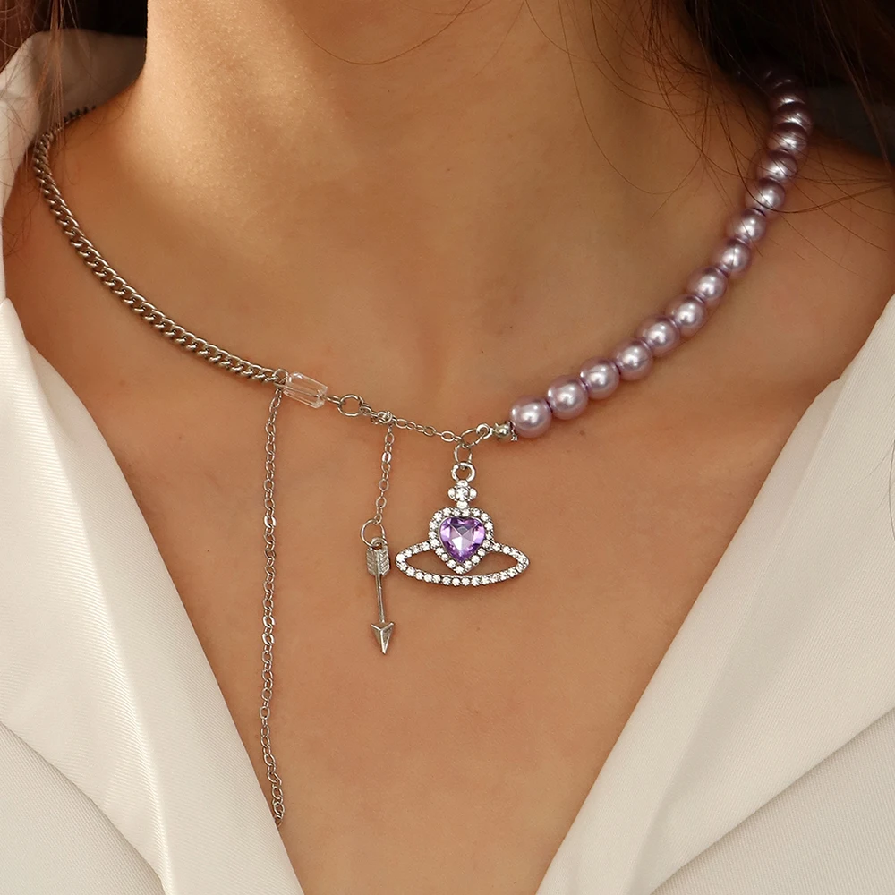 

Korean New Trendy Elegant Pearl Choker For Women Girls Classic Purple Heart Crystal Saturn Necklaces Ladies Jewelry Wedding